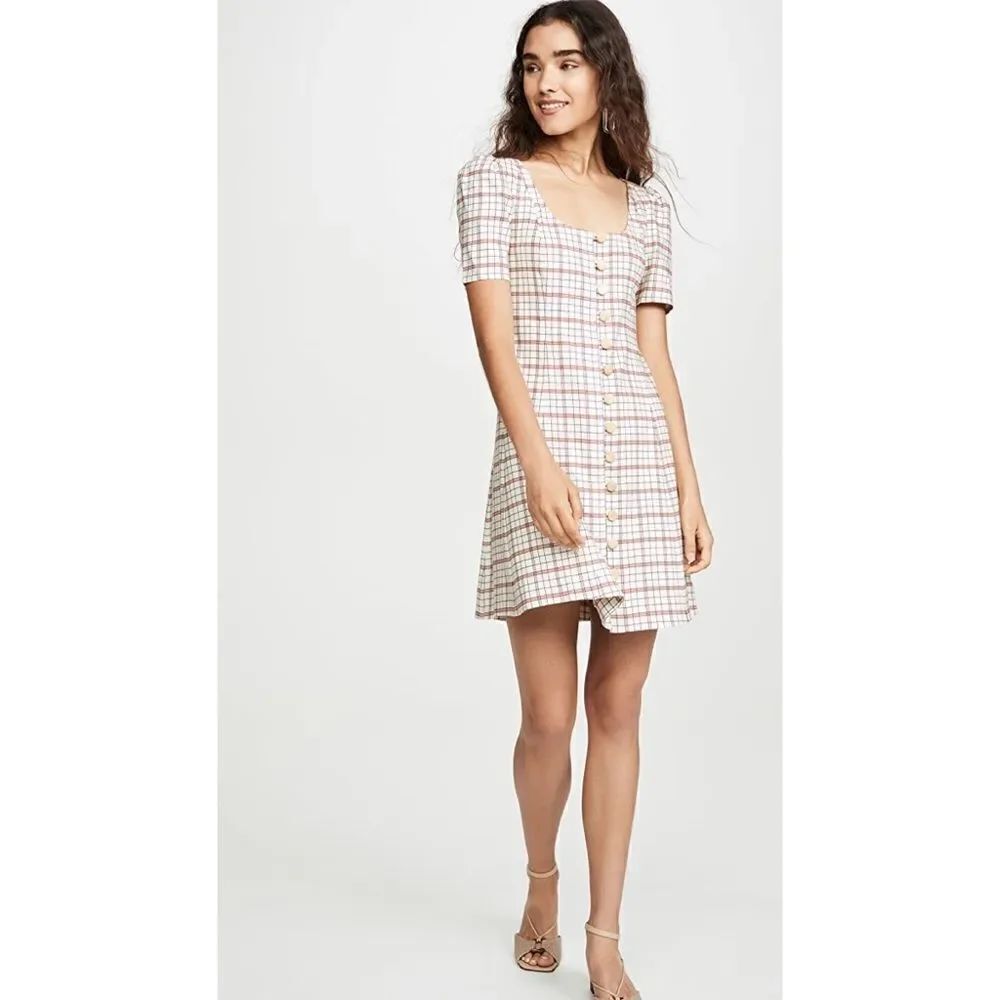 Nicholas Linen blend Button Front Check Mini Dress